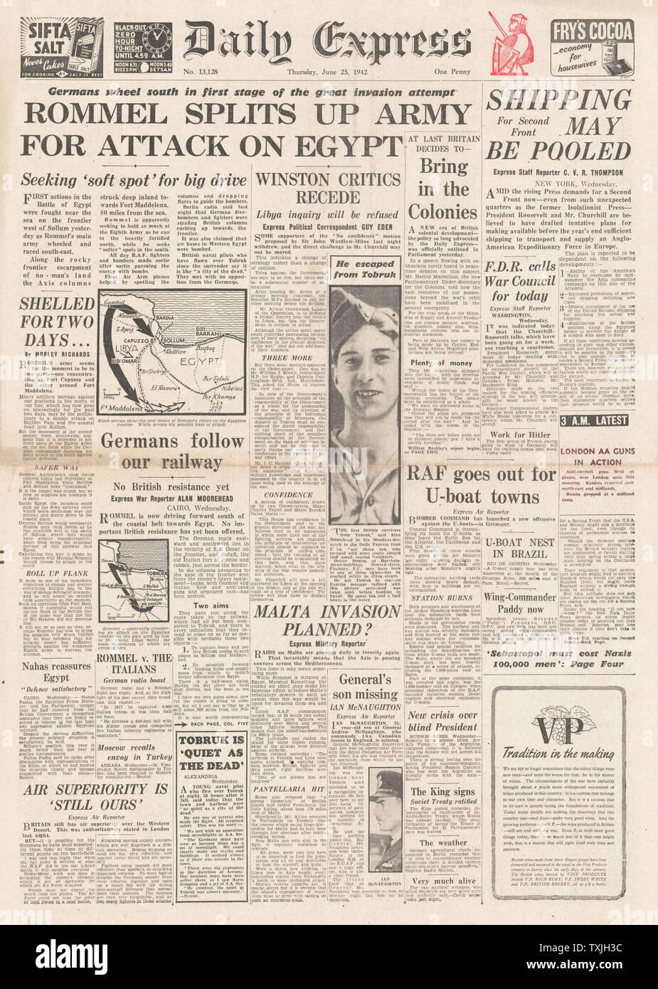 1942 Titelseite Daily Express Battle on Egyptian Frontier und Schlacht um die Krim und Charkow Stockfoto