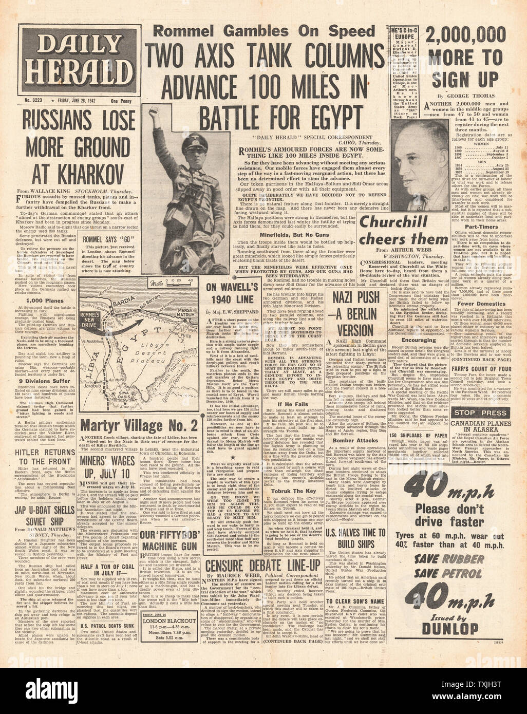 Front Page Daily Herald Bundeswehr voraus 1942 nach Ägypten und Eisenhower ernannte Oberbefehlshaber der US-Aktivitäten in Europa Stockfoto