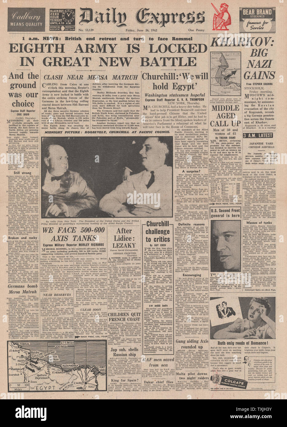 Front Page Daily Express deutsche Armee voraus 1942 nach Ägypten und Eisenhower ernannte Oberbefehlshaber der US-Aktivitäten in Europa Stockfoto