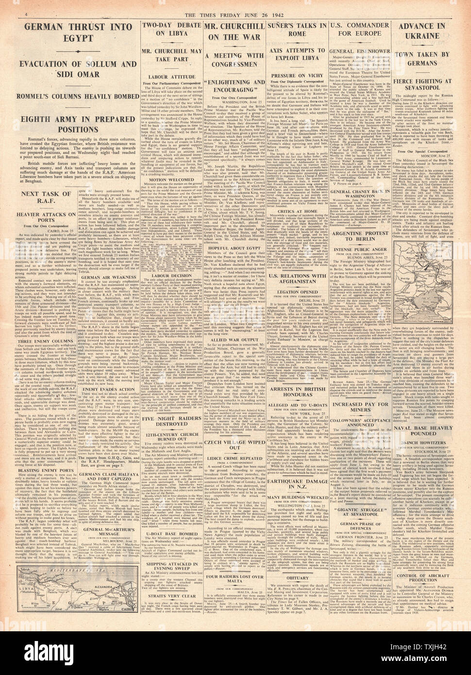 1942 Seite 4 als die deutsche Armee in Ägypten vormarschiert, wurde Eisenhower zum Befehlshaber der US-Operationen in Europa ernannt Stockfoto