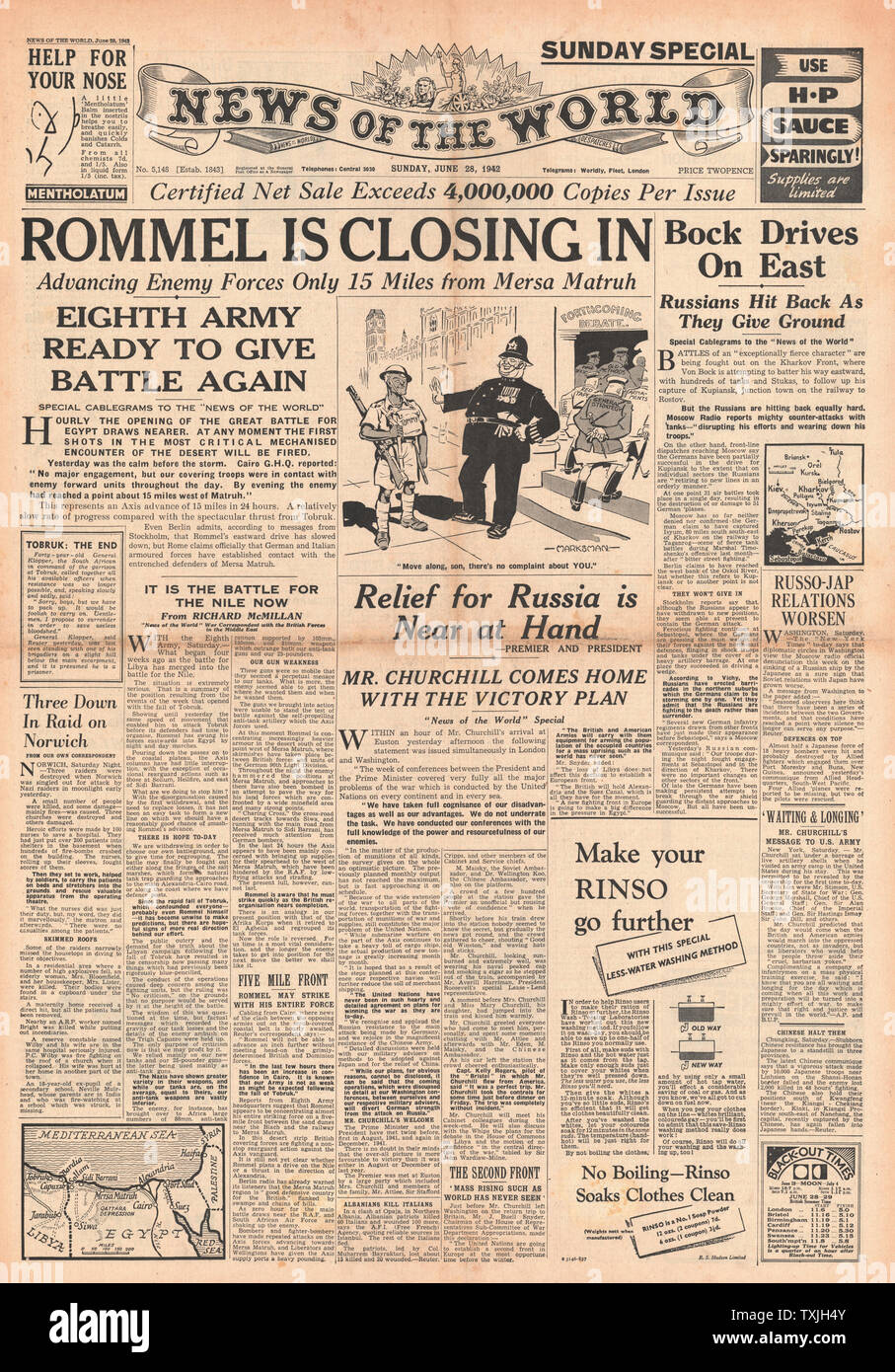 1942 Startseite Nachrichten der Welt deutsche Armee in Ägypten und Churchill zurück aus Amerika mit einem Sieg Plan Stockfoto