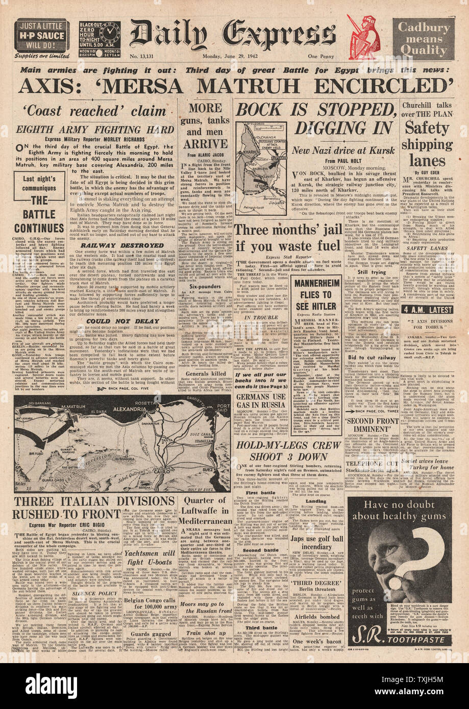 1942 Front Page Daily Express Kampf um Ägypten und Marsa Matruh Stockfoto