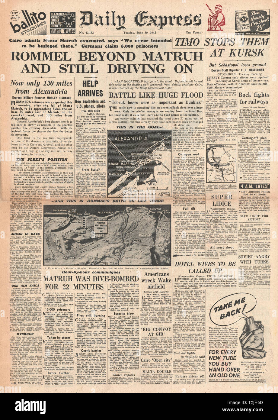1942 Front Page Daily Express Rommel und Afrika Korps voraus in der Schlacht für Ägypten und Herbst Marsa Matruh Stockfoto