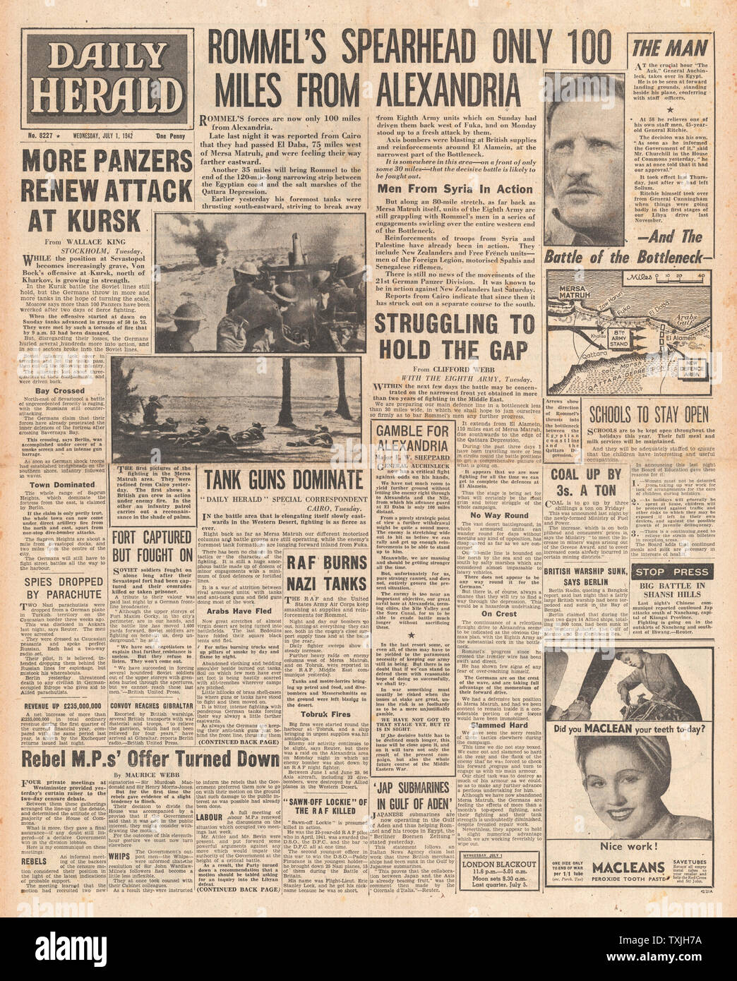 1942 Front Page Daily Herald Bundeswehr voraus, in Ägypten und in Angriff Kursk Stockfoto