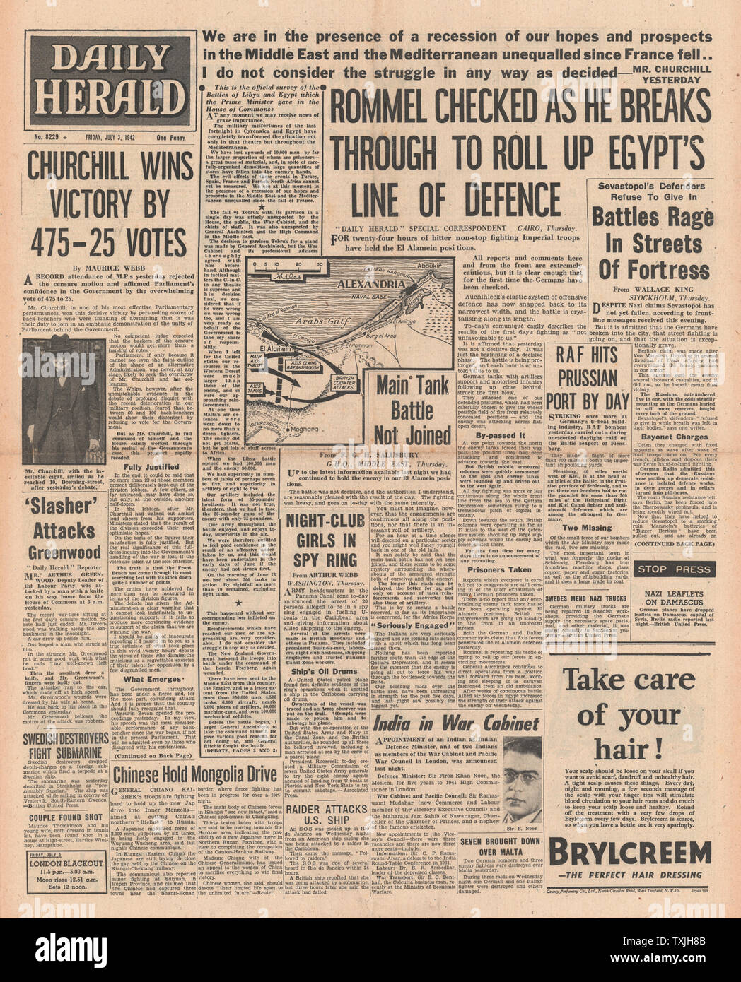 1942 Front Page Daily Herald Schlacht für Ägypten und auf der Krim und Churchill gewinnt Commons vertrauen Stockfoto