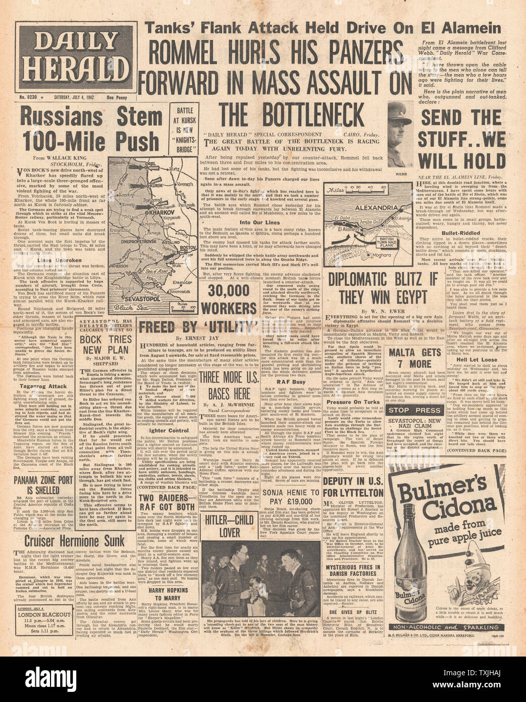 1942 Front Page Daily Herald Schlacht für Ägypten und Krim Stockfoto