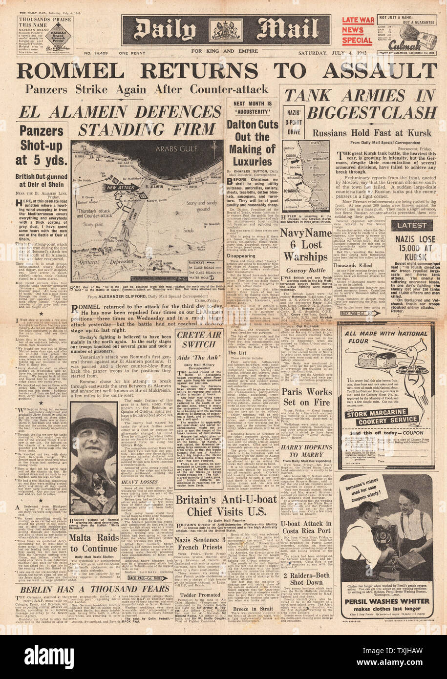 1942 Front Page Daily Mail Kampf um Ägypten und Krim Stockfoto