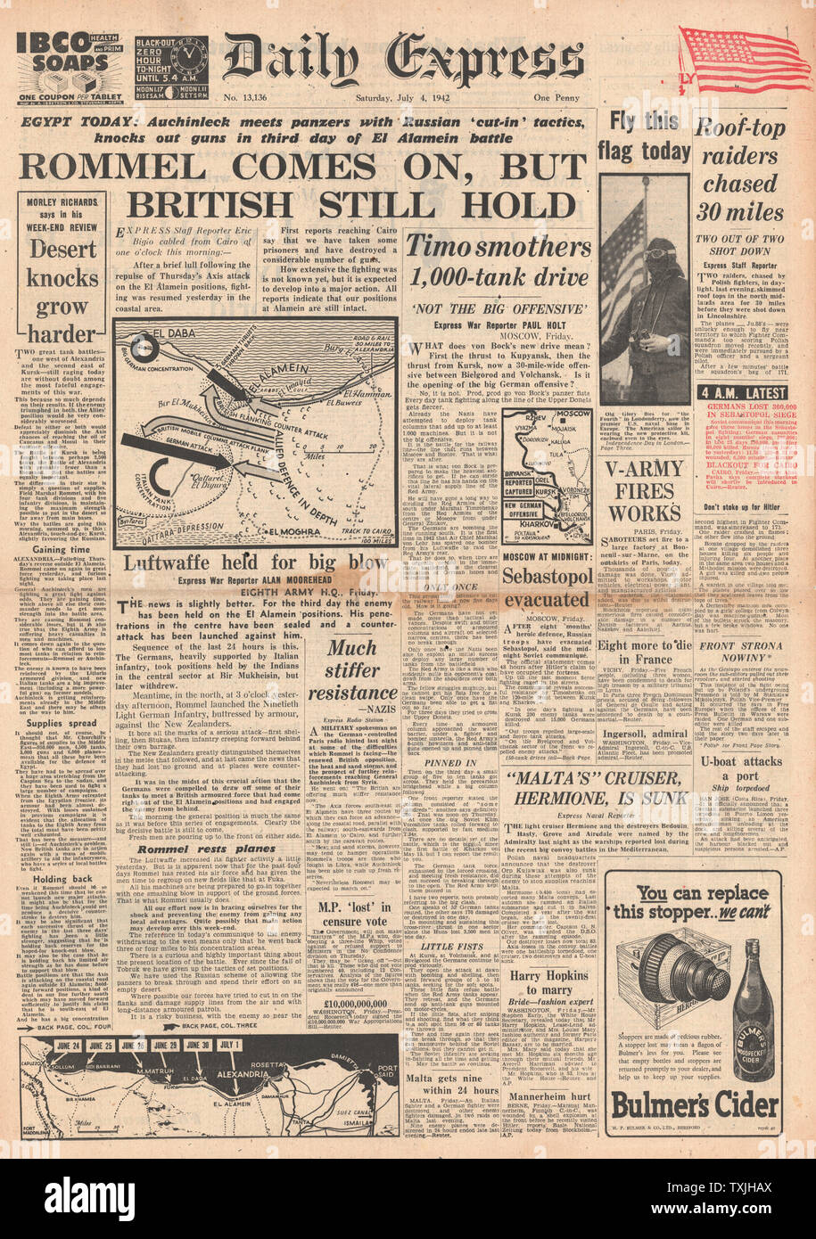 1942 Front Page Daily Express Kampf um Ägypten und Krim Stockfoto