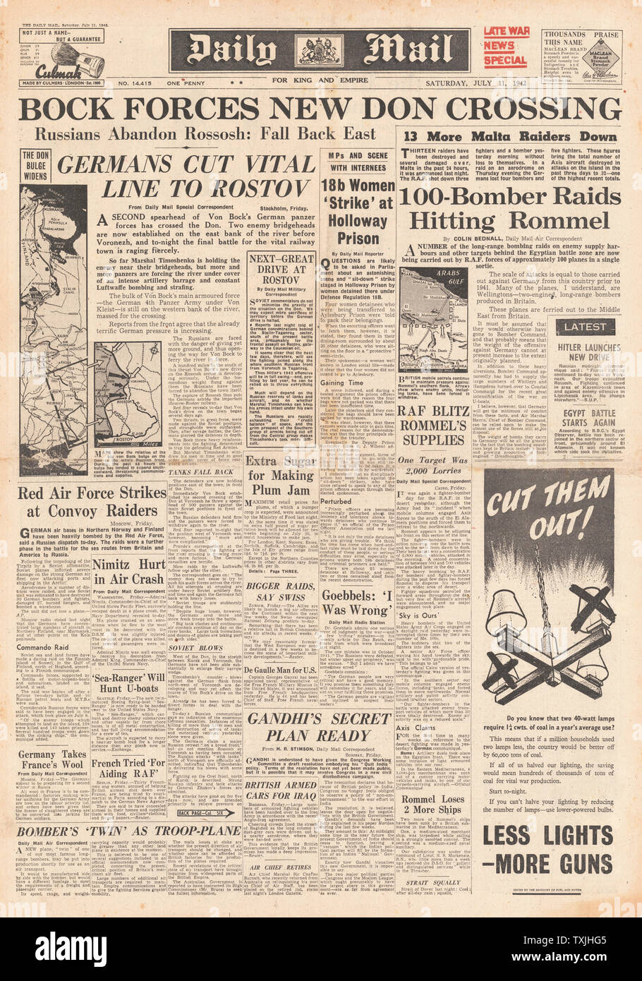 1942 Front Page Daily Mail deutsche Armee der Don und Kampf Kreuz für Ägypten Stockfoto