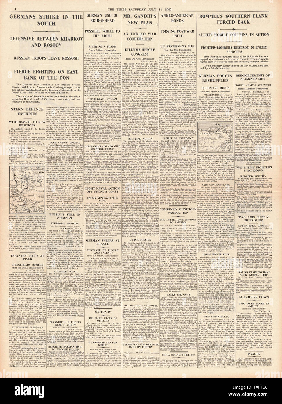 1942 Seite 4 Die Zeiten Schlacht auf den Don und Schlacht um El Alamein Stockfoto