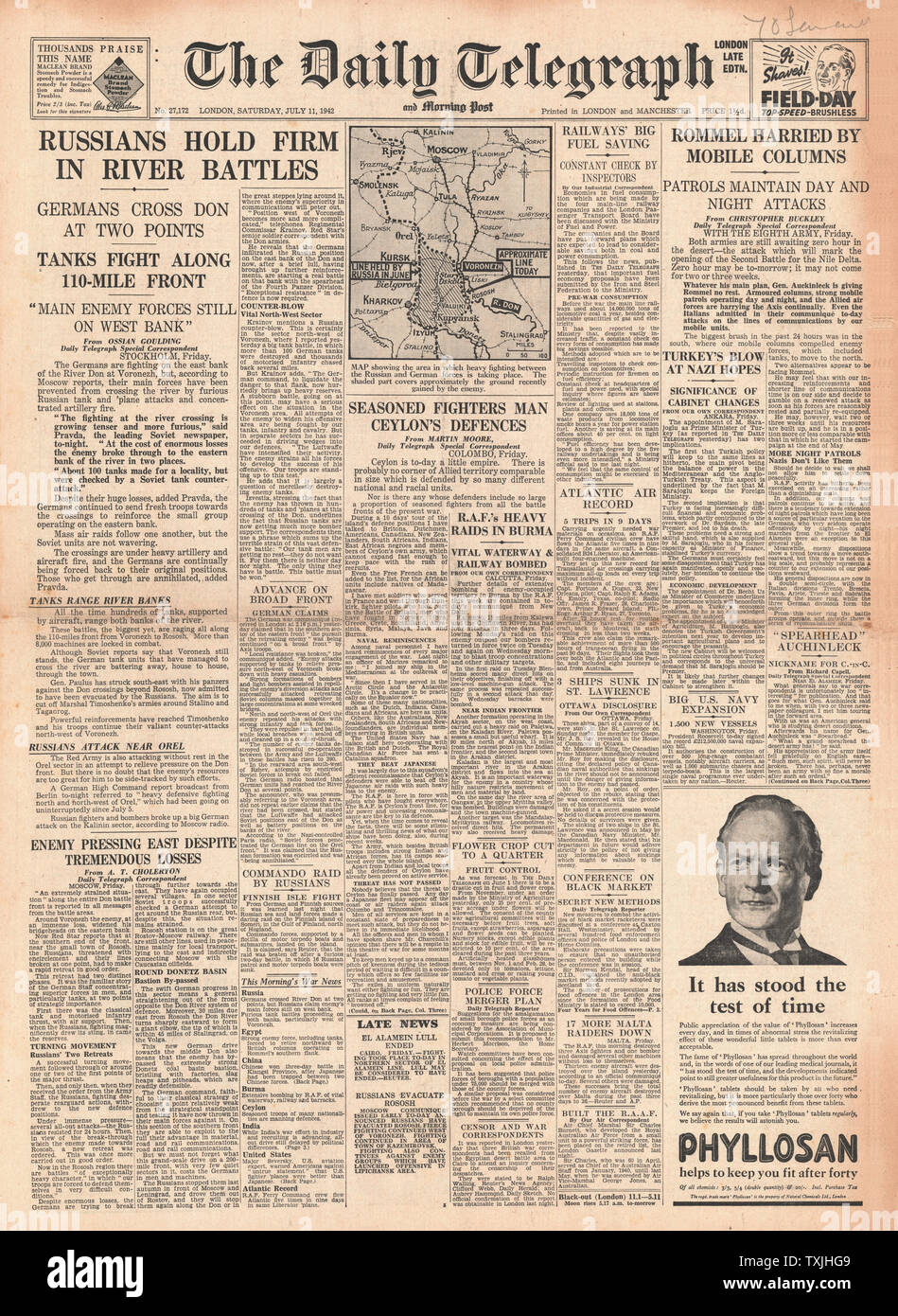 1942 Titelseite Daily Telegraph Battle für Woronesch und Ägypten Stockfoto