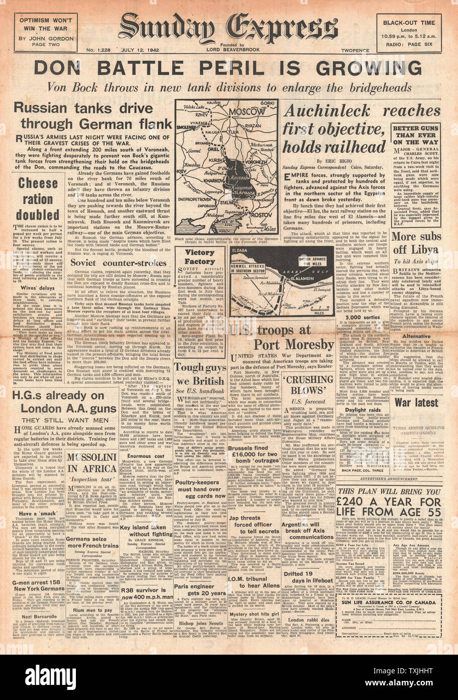 1942 Front page Sunday Express deutsche Armee kreuz Don und Kampf für Ägypten Stockfoto