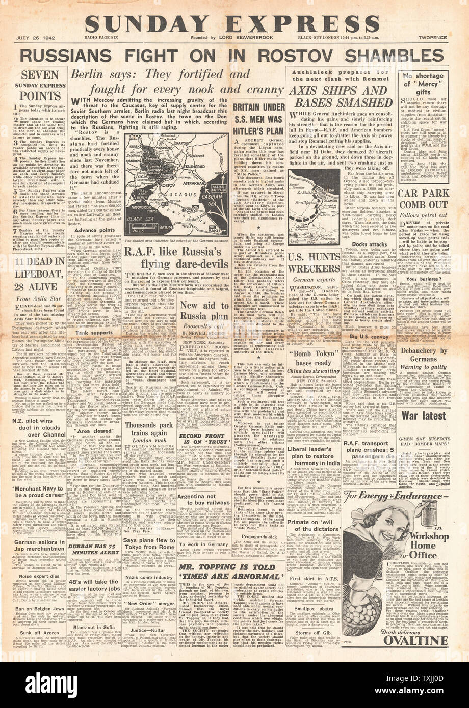 1942 Front page Sunday Express Kampf um Rostov, Kampf um Ägypten, Cordell Hull auf US-Außenpolitik und deutsche Oberkommando Pläne für die Waffen-SS Stockfoto