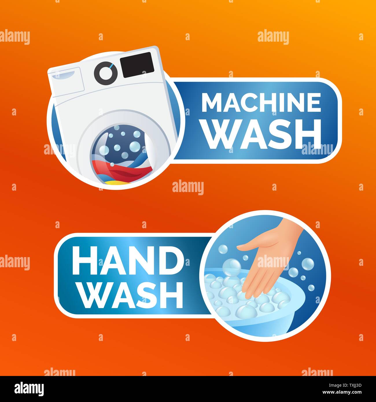 Waschen von Kleidung Aufkleber Set, Anweisungen, farbenfrohe Buntwäsche Symbol und Handwäsche Symbol für Label, Vector Illustration isoliert. Stock Vektor