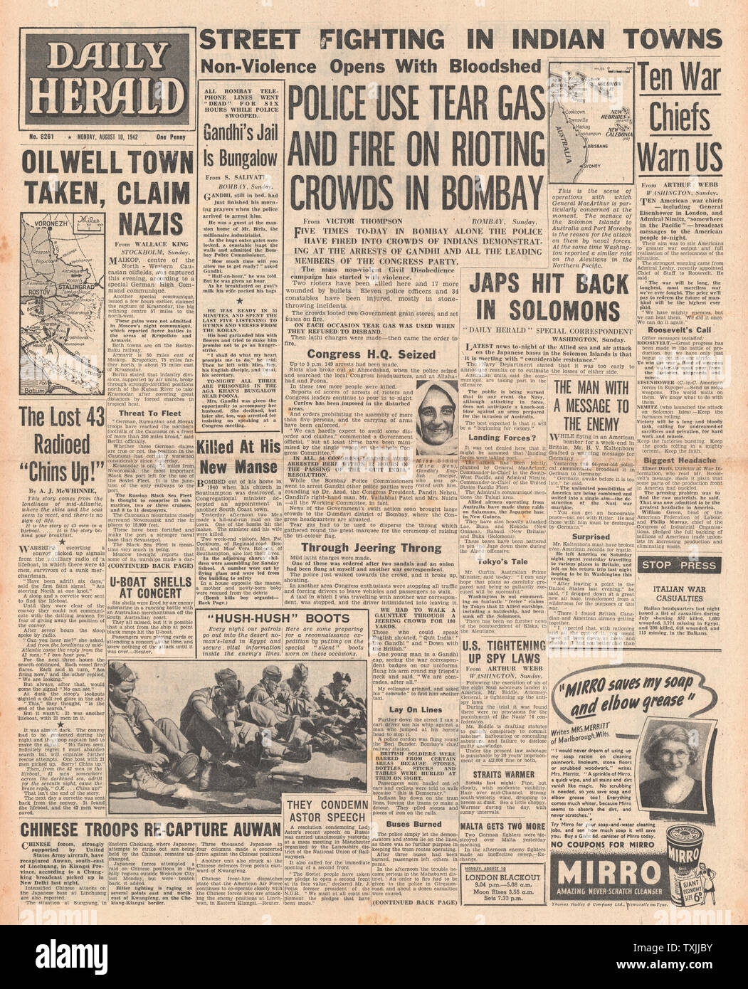 1942 Front Page Daily Herald Bombay Unruhen, deutschen Armee auf Stalingrad und Kampf für die Salomonen Stockfoto