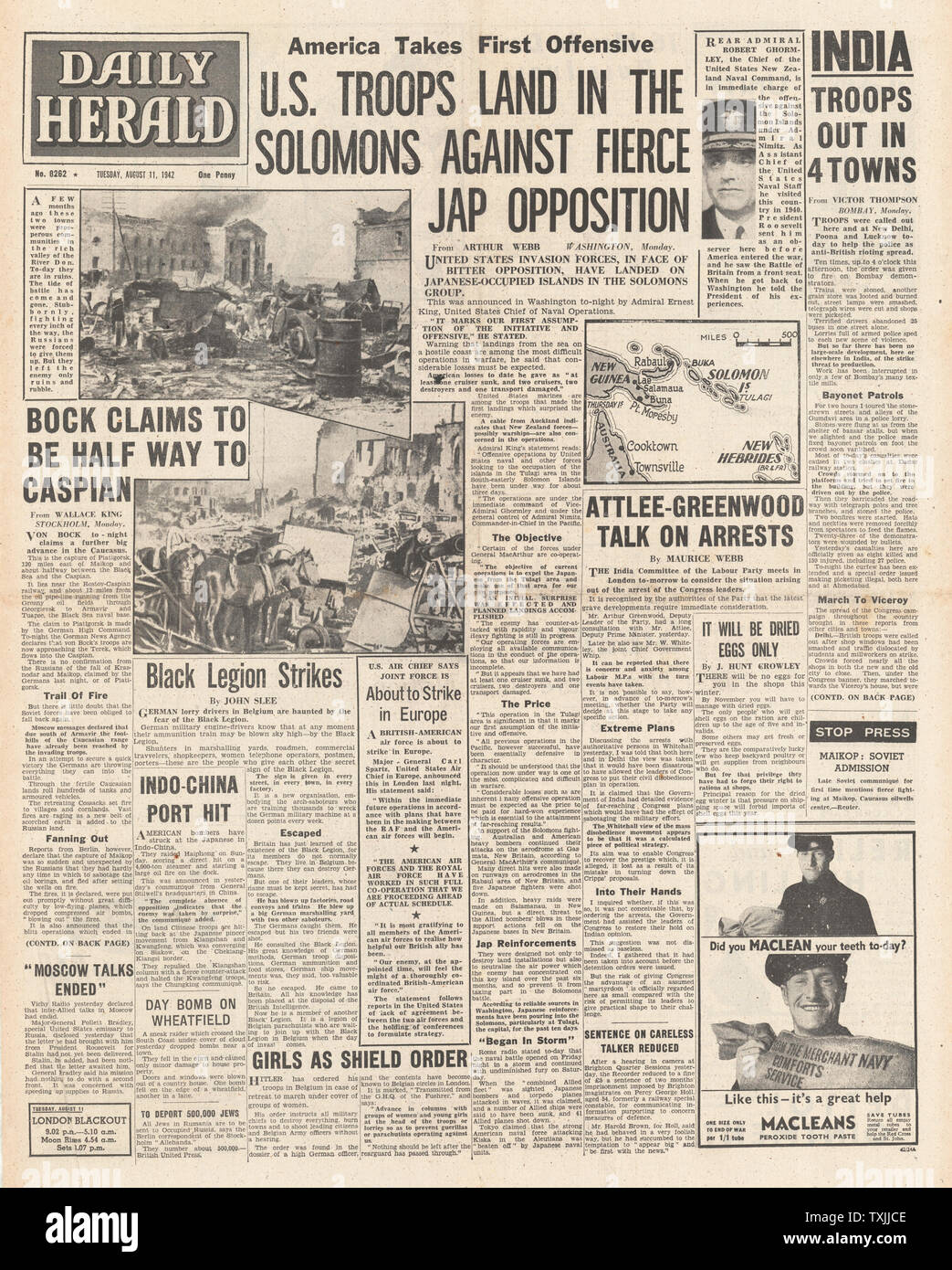 1942 Front Page Daily Herald Bombay Unruhen, deutschen Armee auf Stalingrad und Kampf für die Salomonen Stockfoto