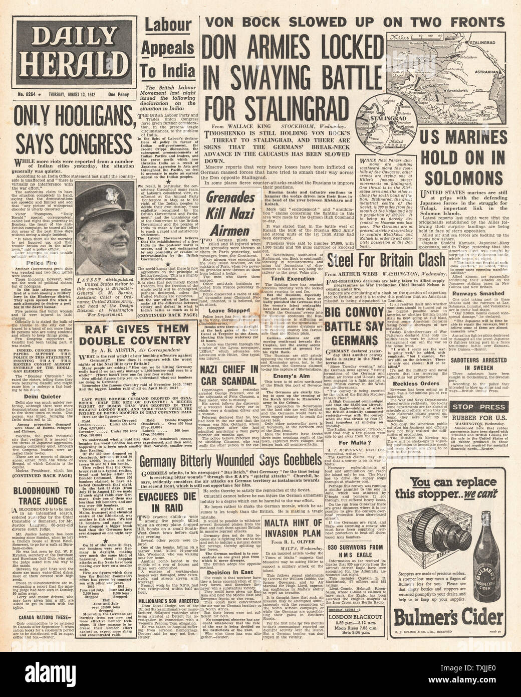 1942 Front Page Daily Herald Kampf um Stalingrad, Kampf um den Kaukasus, Bombay Unruhen, deutschen Armee auf Stalingrad und Kampf für die Salomonen Stockfoto