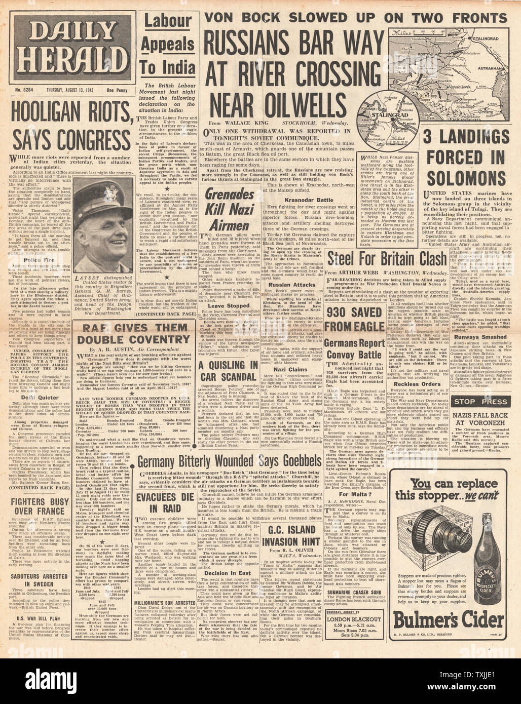 1942 Front Page Daily Herald Kampf um Stalingrad, Kampf um den Kaukasus, Bombay Unruhen, deutschen Armee auf Stalingrad und Kampf für die Salomonen Stockfoto