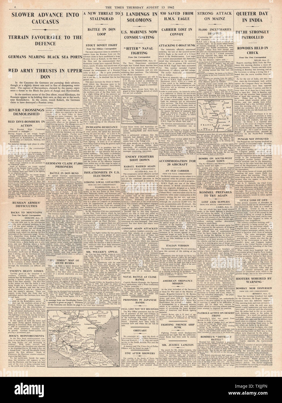 1942 Seite 4 Die Zeiten Kampf um Stalingrad, Kampf um den Kaukasus, Bombay Unruhen, deutschen Armee auf Stalingrad und Kampf für die Salomonen Stockfoto