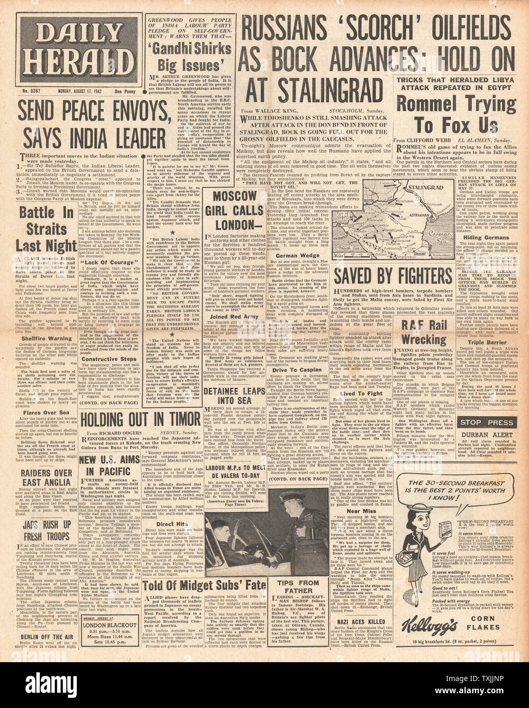 1942 Front Page Daily Herald Kampf um Stalingrad Stockfoto