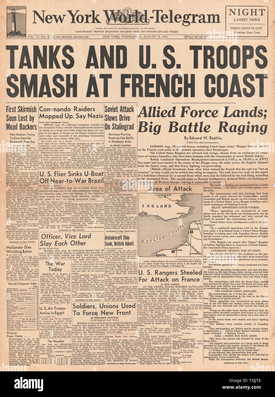 1942 Front page New York World Telegramm amerikanische Kräfte in Algerien Stockfoto