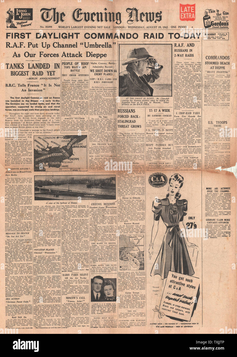 1942 Titelseite Evening News British Commando RAID auf Dieppe Stockfoto