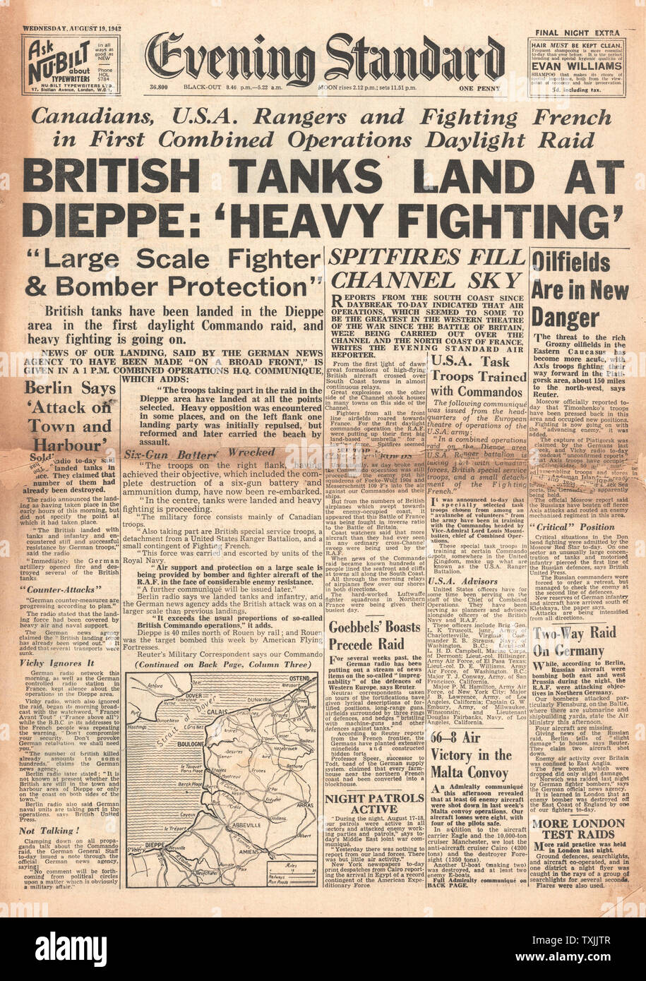 1942 Titelseite des Abends Standard British Commando RAID auf Dieppe Stockfoto