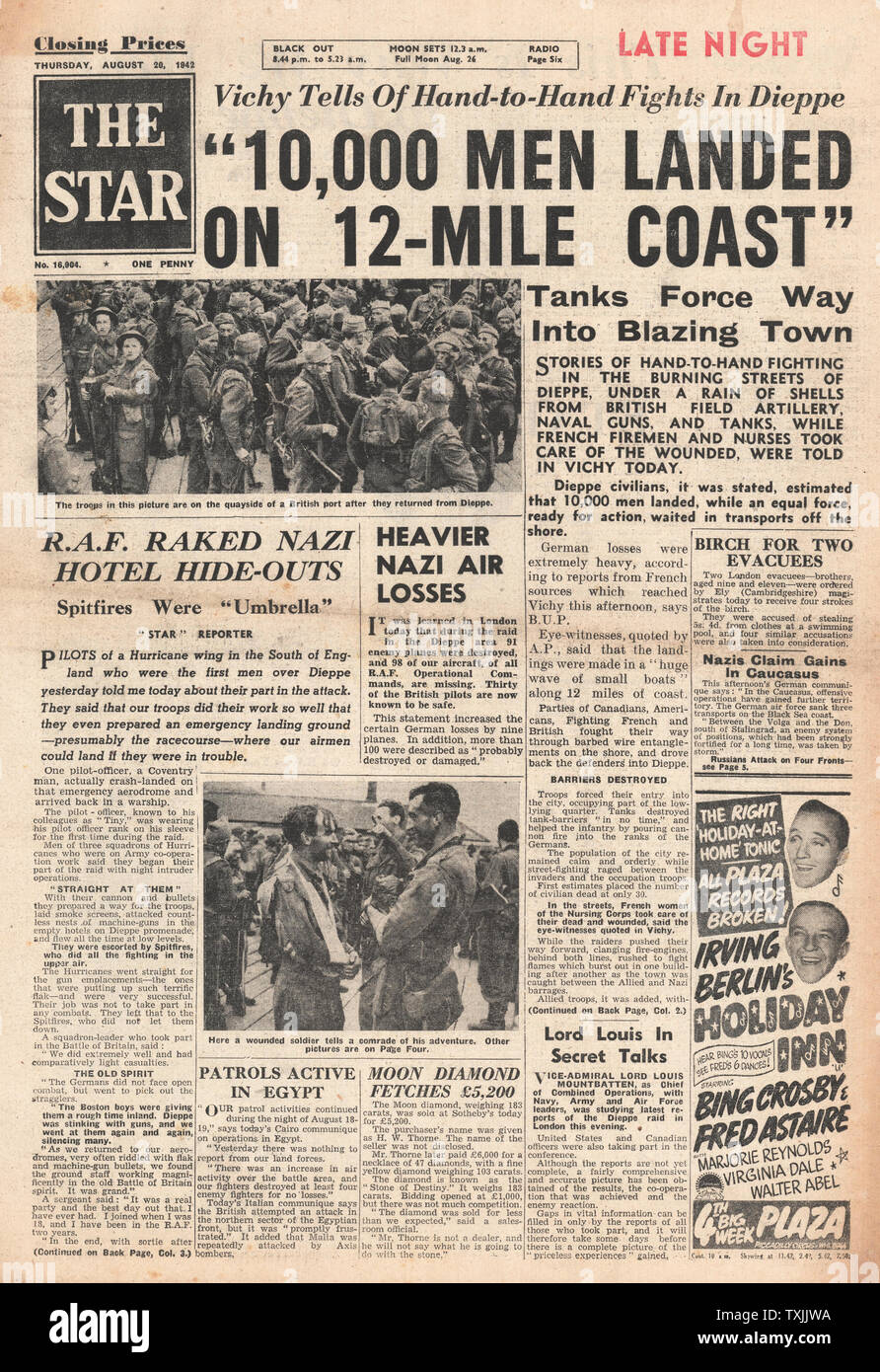 1942 Titelseite The Star (London) British Commando RAID auf Dieppe Stockfoto