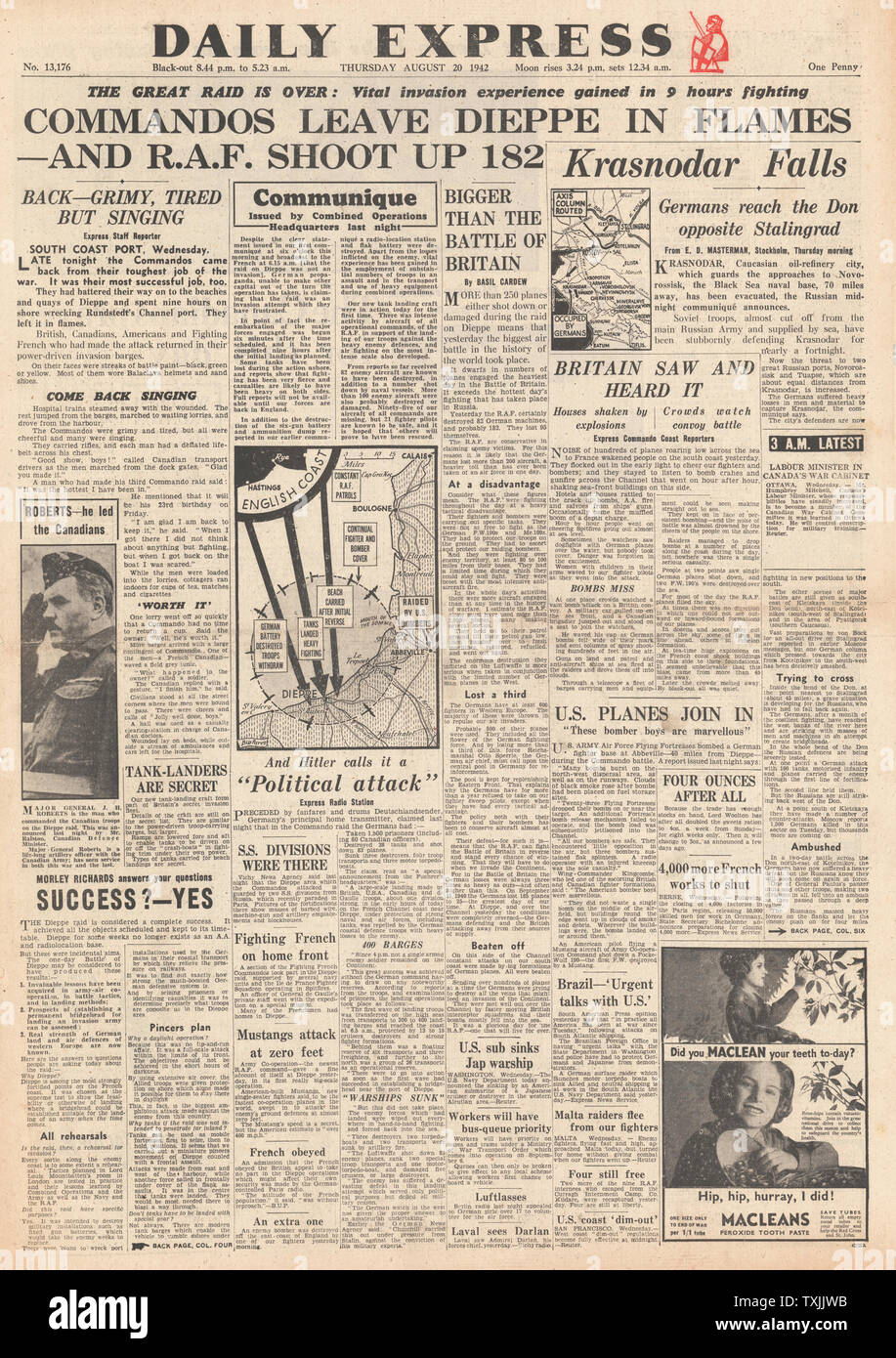 1942 Titelseite Daily Express British Commando RAID auf Dieppe Stockfoto