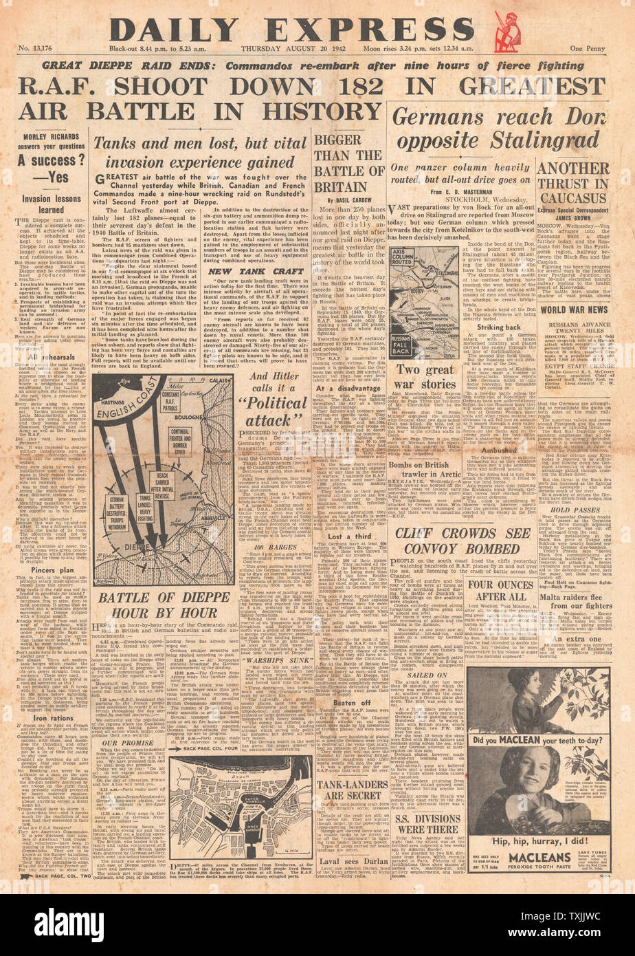 1942 Titelseite Daily Express British Commando RAID auf Dieppe Stockfoto