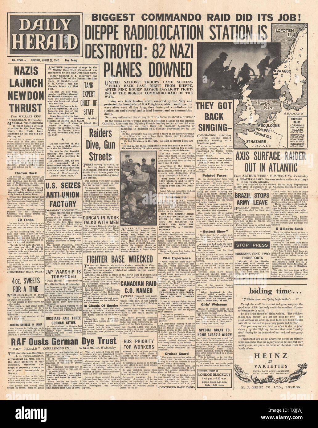 1942 Titelseite Daily Herald British Commando RAID auf Dieppe Stockfoto