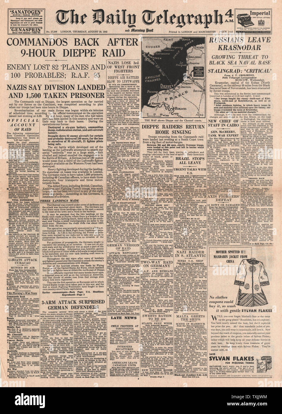 1942 Front Page Daily Telegraph British Commando Raid auf Dieppe Stockfoto