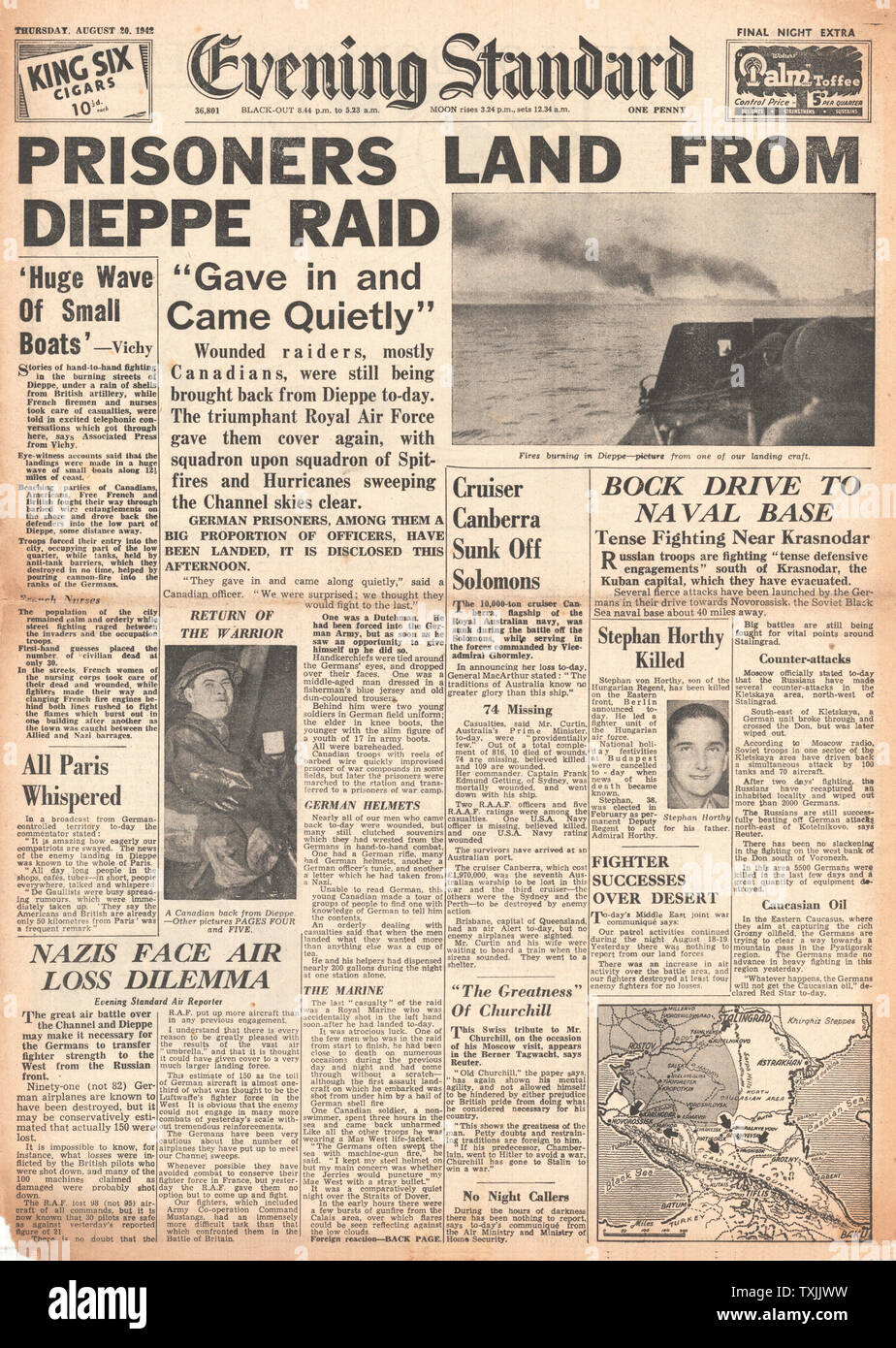 1942 Vorderseite Evening Standard British Commando Raid auf Dieppe Stockfoto