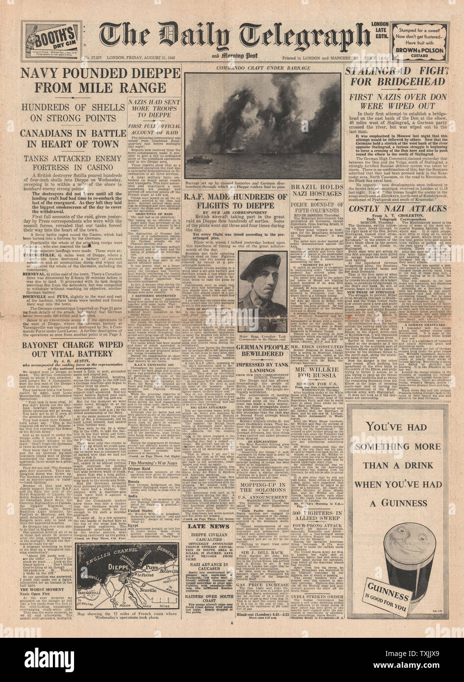 1942 Front Page Daily Telegraph British Commando Raid auf Dieppe und Kampf um Stalingrad Stockfoto