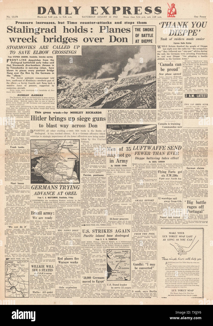 1942 Front Page Daily Express Kampf um Stalingrad Stockfoto