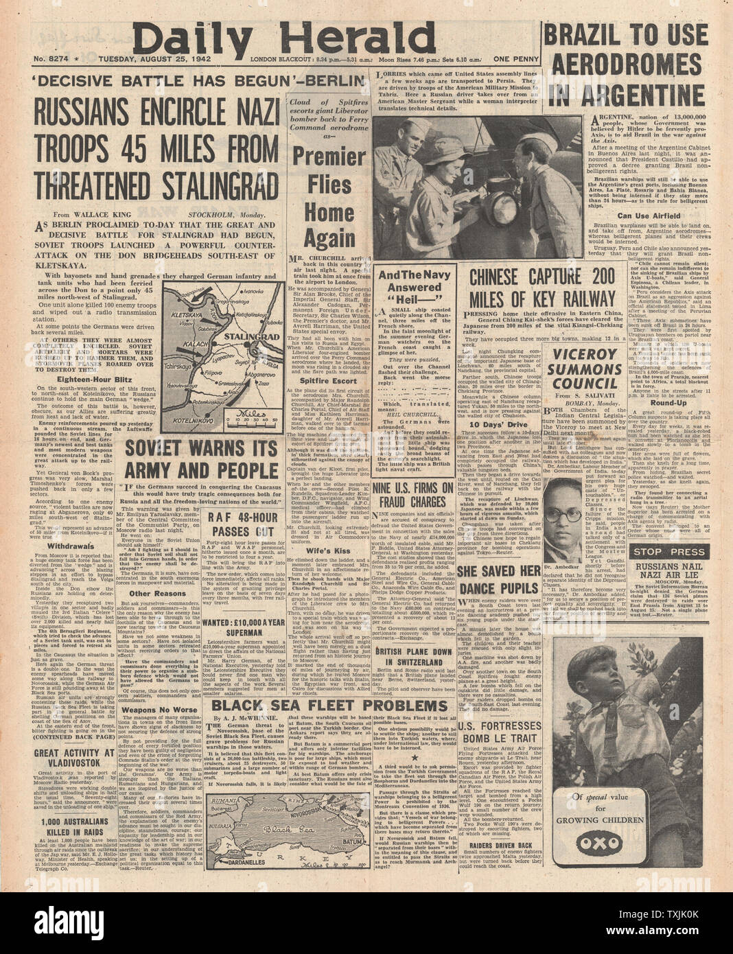 1942 Front Page Daily Herald Kampf um Stalingrad Stockfoto