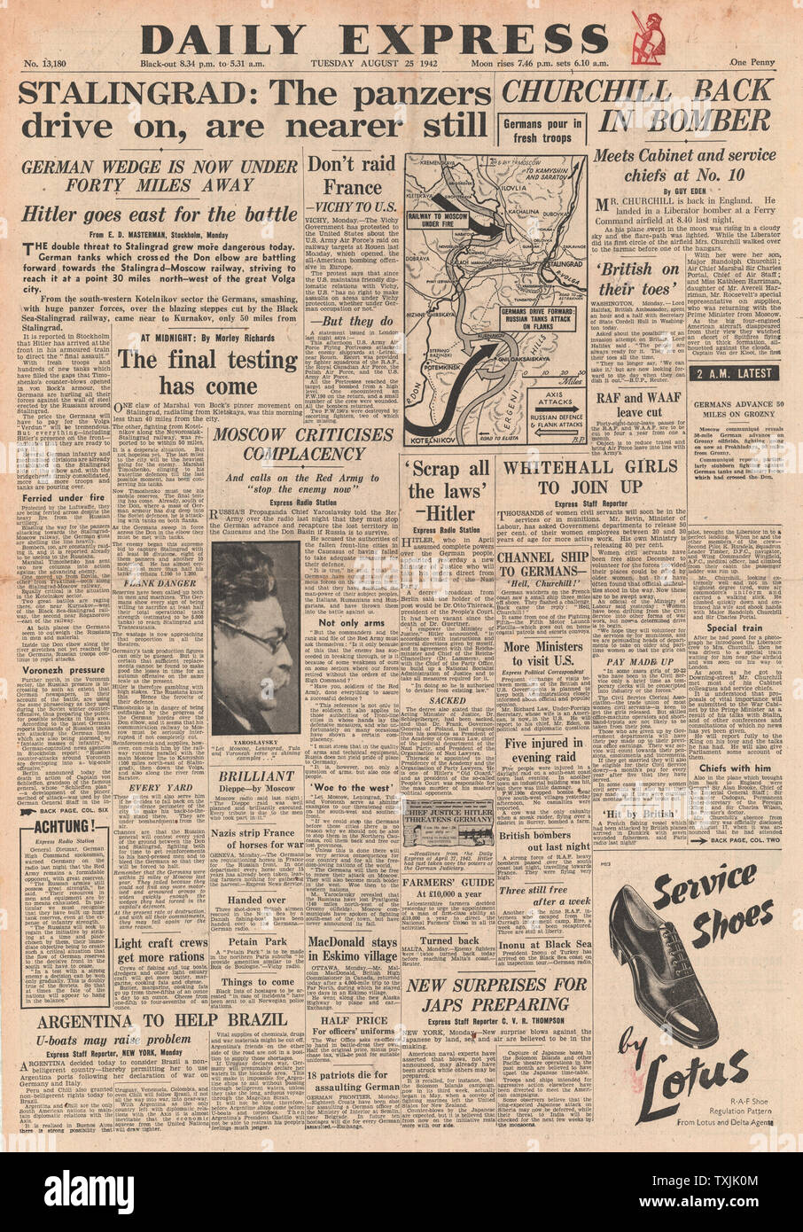 1942 Front Page Daily Express Kampf um Stalingrad Stockfoto