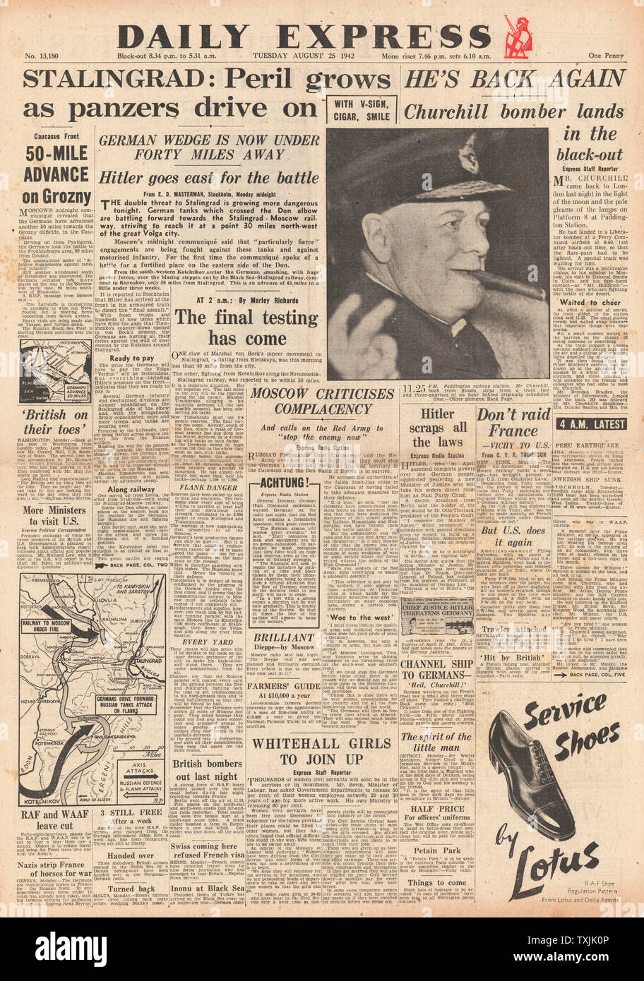 1942 Front Page Daily Express Kampf um Stalingrad Stockfoto