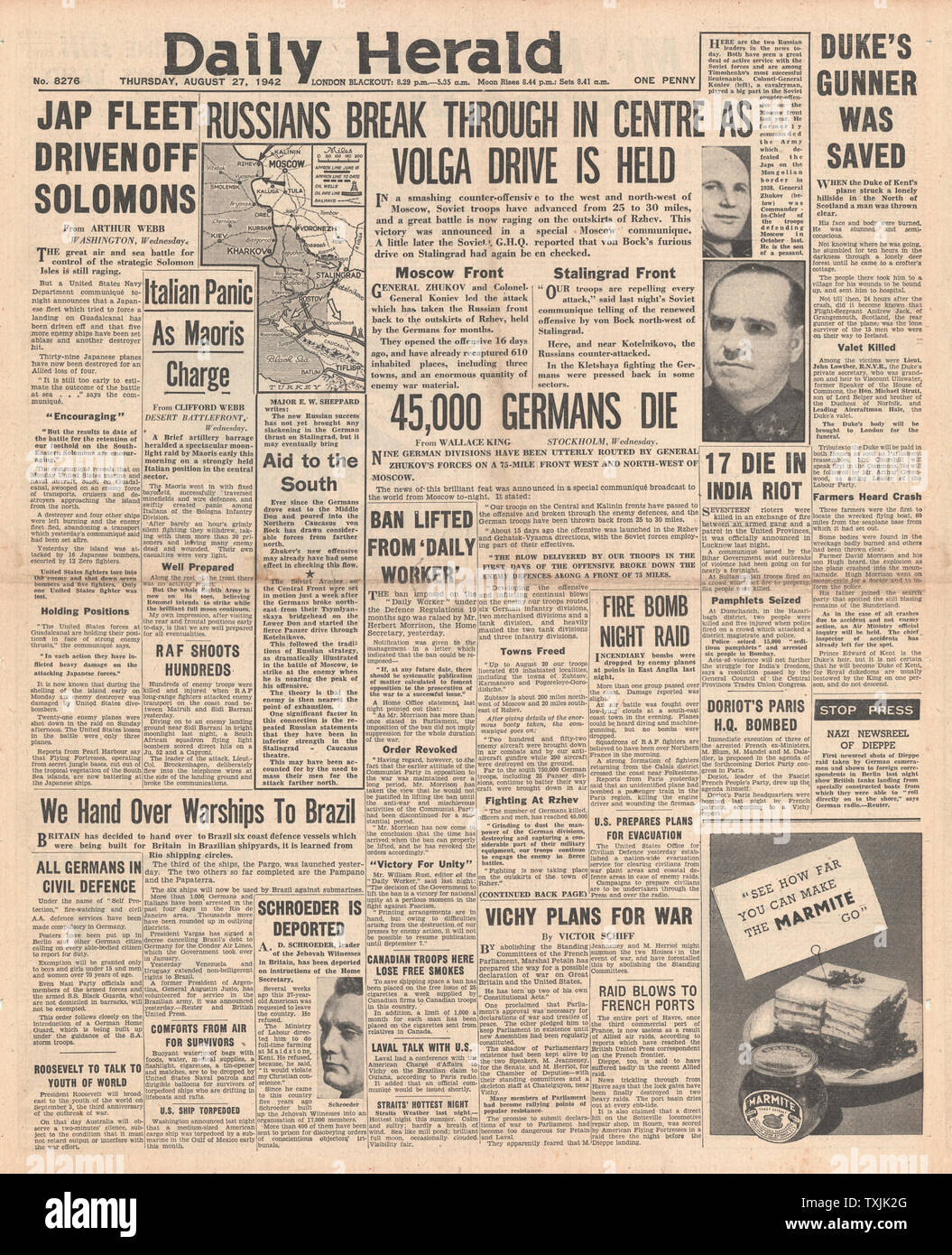 1942 Front Page Daily Herald russische Armee starten große Offensive und der Kampf um die Salomonen Stockfoto