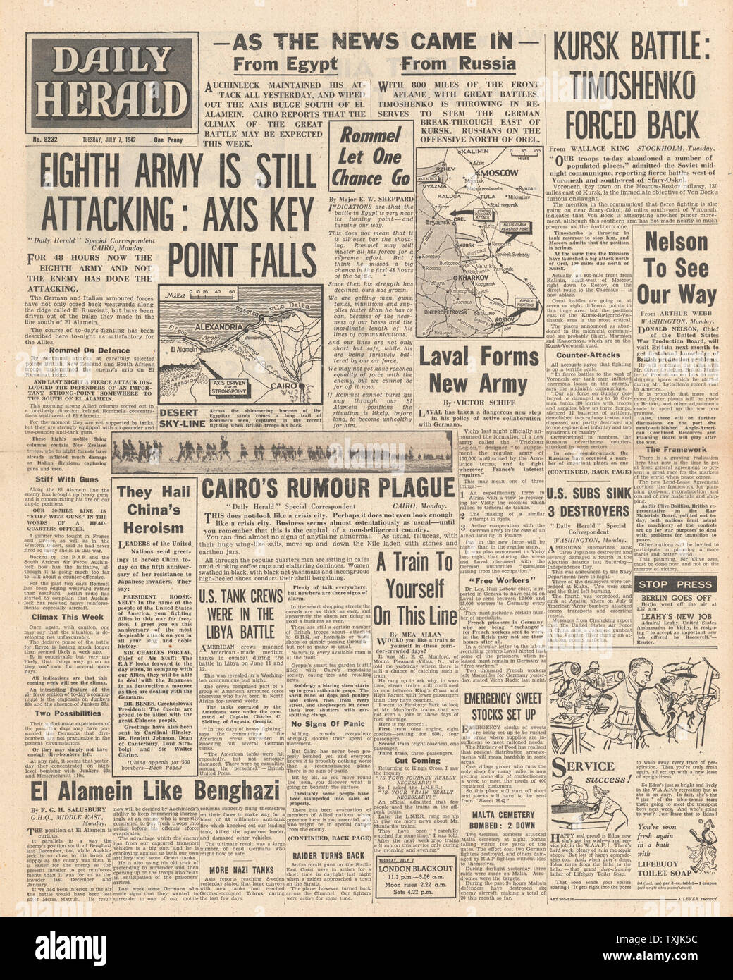 1942 Front Page Daily Herald Schlacht um El Alamein, Orel, Kursk und Charkow Stockfoto