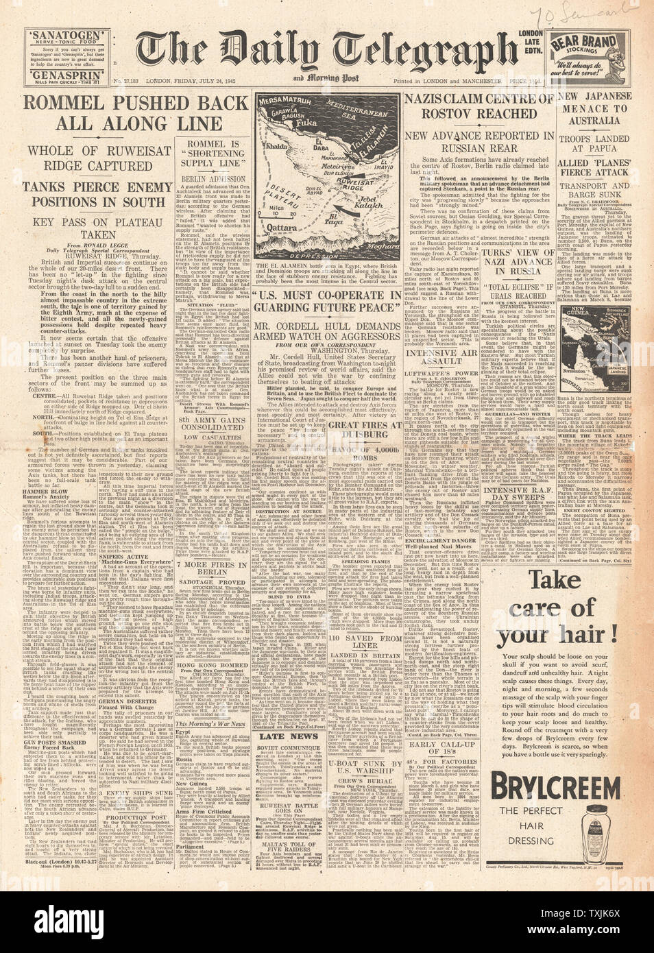 1942 Front Page Daily Telegraph deutsche Armee auf Stalingrad und Kampf für Ägypten Stockfoto