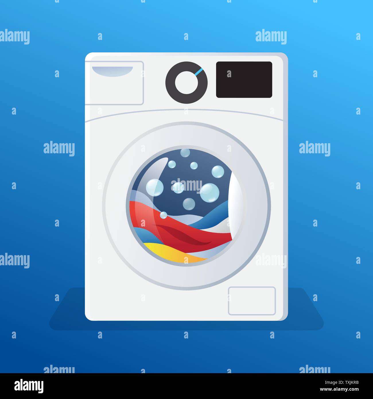 Waschmaschine Aufkleber, Scheibe mit Kleidung, Bettwäsche und Schaum Blasen im Inneren, Vector Illustration isoliert. Stock Vektor