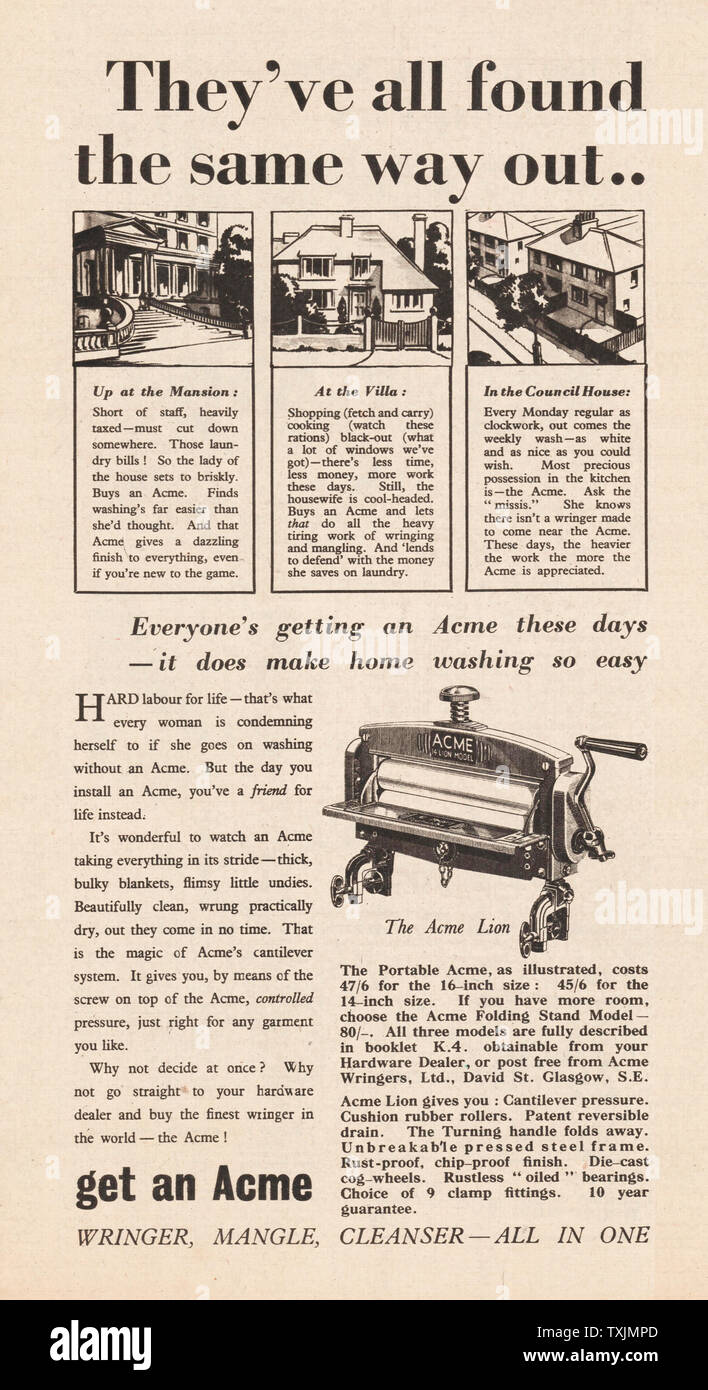 1940 UK Magazin ACME Fünfundfünfzig Wringer mangle -Anzeige Stockfoto