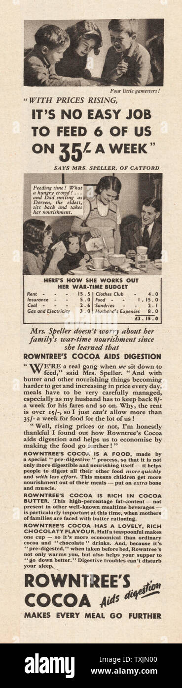 1940 Großbritannien, das die Zeitschrift Rowntree Kakao Advert Stockfoto