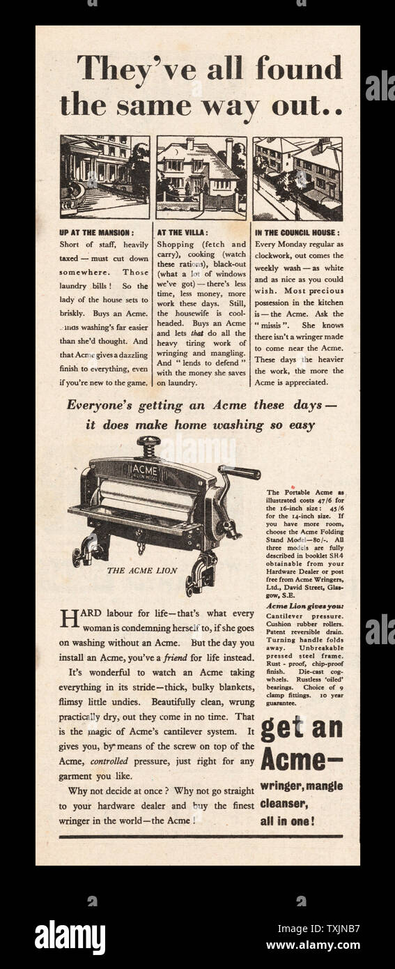1940 UK Magazin ACME Fünfundfünfzig Wringer mangle -Anzeige Stockfoto