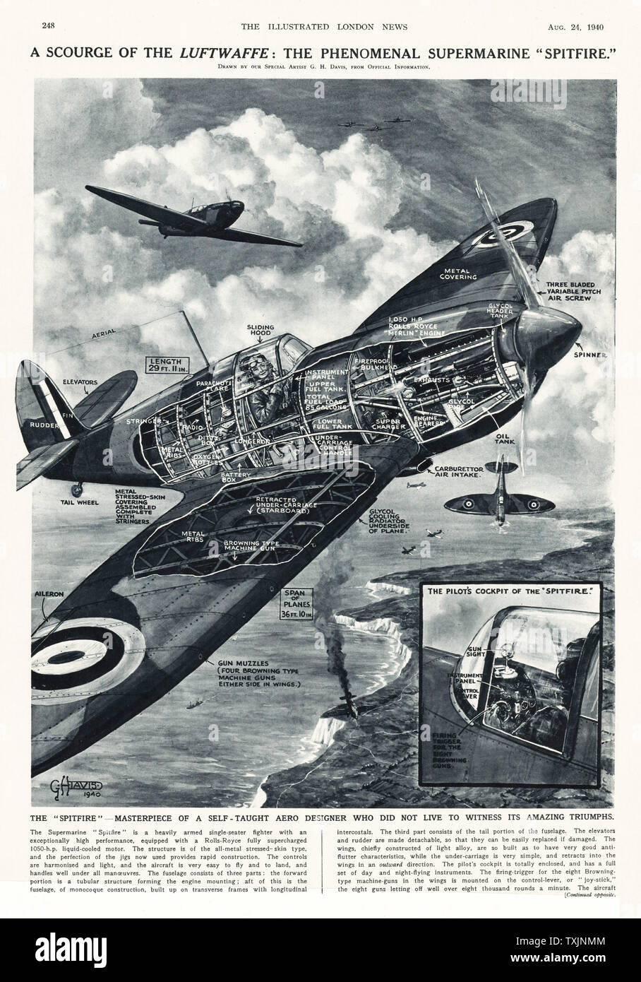 1940 Illustrated London News Spitfire Fighter Abbildung Stockfoto