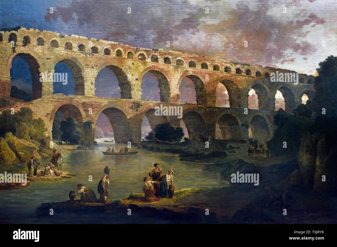 Le Pont du Gard - Gard die Brücke 1787 von Hubert Robert 1733 - 1808 (Lackiert für einen Salon im Schloss von Fontainebleau (Ile-de-France). Robert, berühmt für seine Ansichten der Italienischen Denkmäler, Gemälde der bekanntesten Überreste des römischen Gallien.) Stockfoto