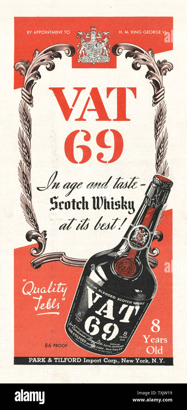 1941 US-Magazin inkl. MWST. 69 Whiskey Advert Stockfoto
