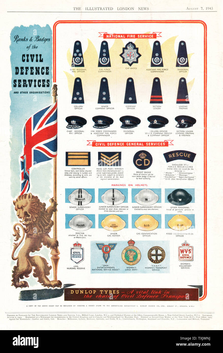 1943 Illustrated London News UK Zivilschutz Ranks and Insignia Stockfoto