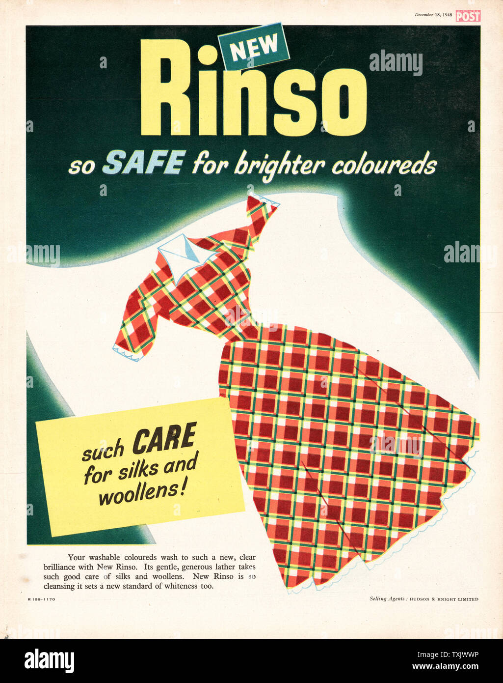 1948 UK Magazin Rinso Waschmittel Anzeige Stockfoto